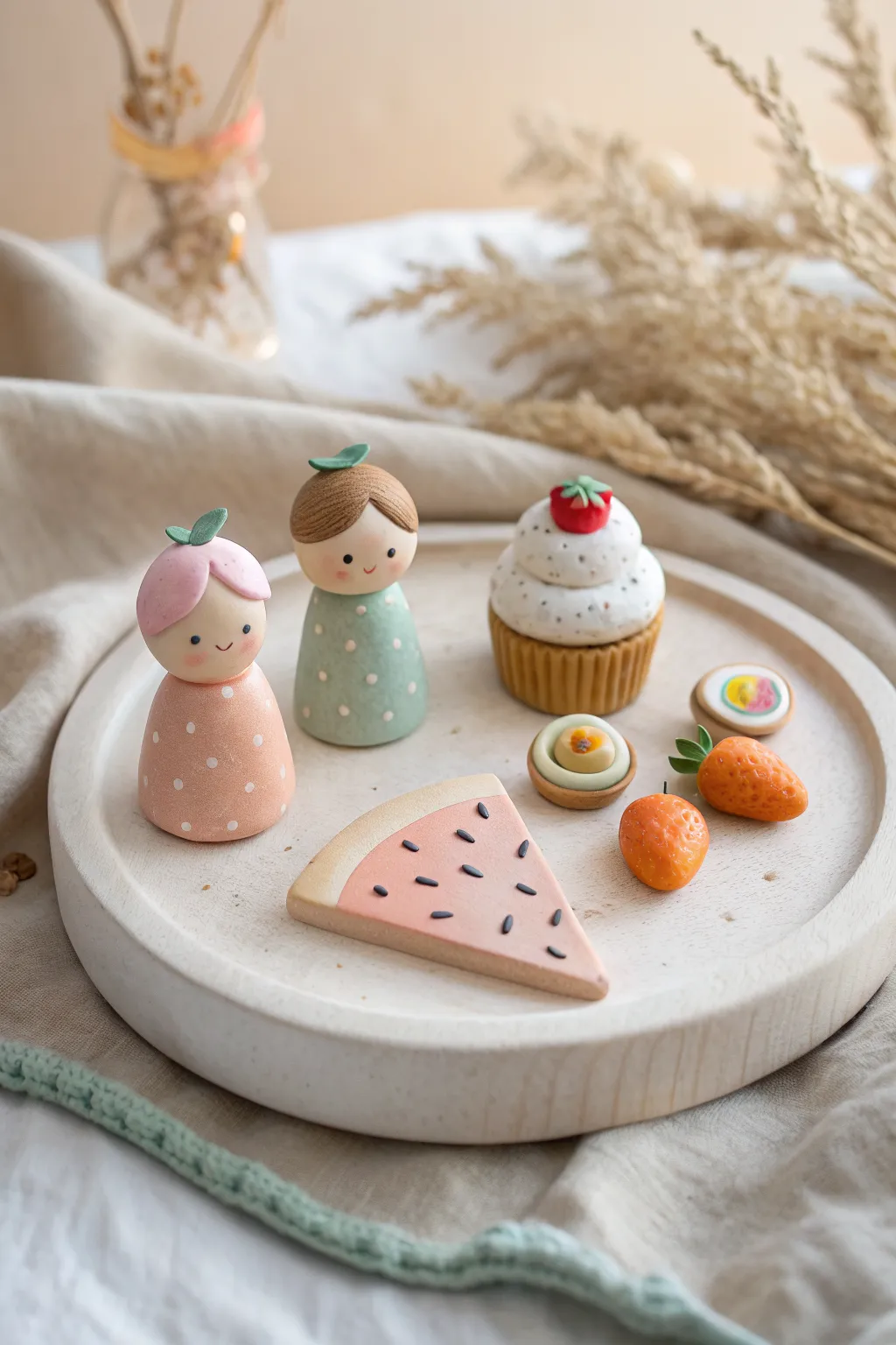 Sweet small-world clay diorama with tiny figurines and mini treats, perfect for kid crafts