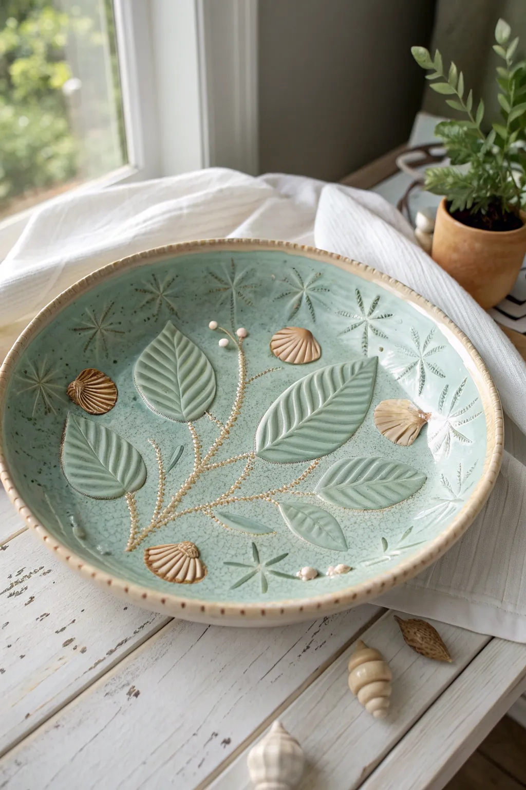 Relief-sculpted nature platter with sea-glaze pooling, a minimalist kiln-fired statement piece.