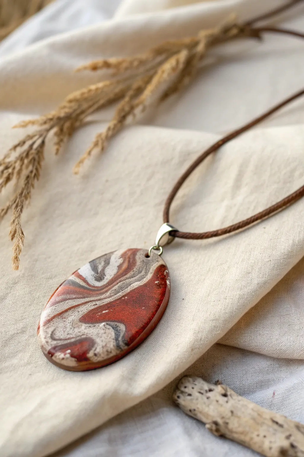 Liquid clay paint-pour pendant with bold swirls and cells, minimal boho styling and soft light.