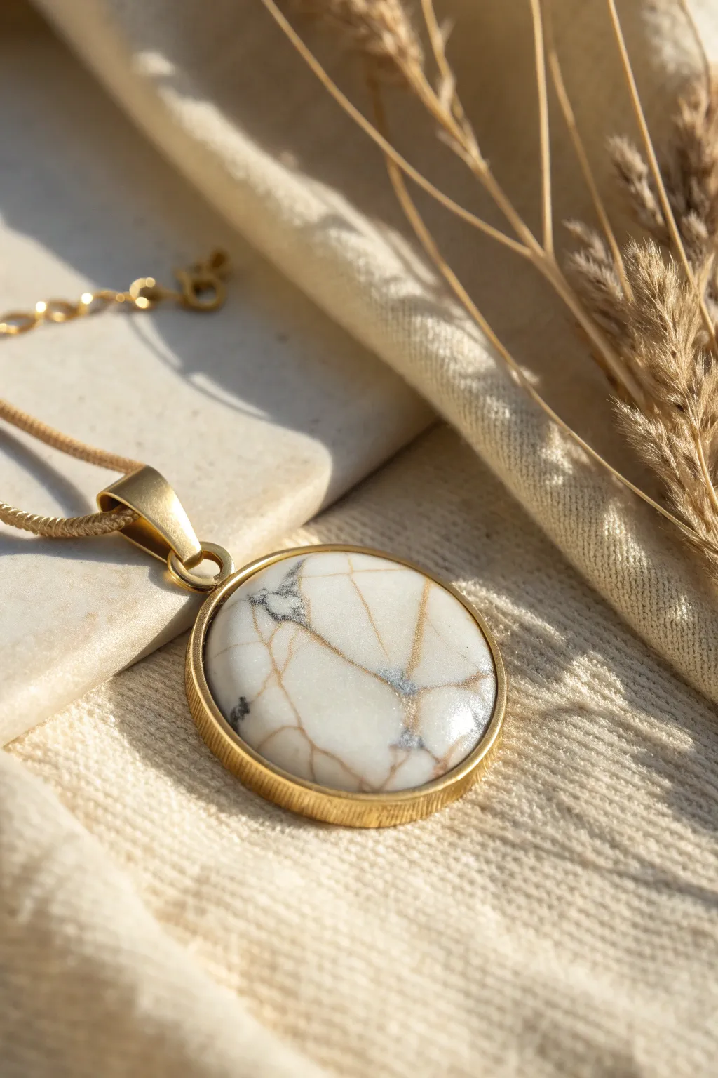 Liquid polymer clay faux stone pendant with delicate veining and crackle, minimalist boho.