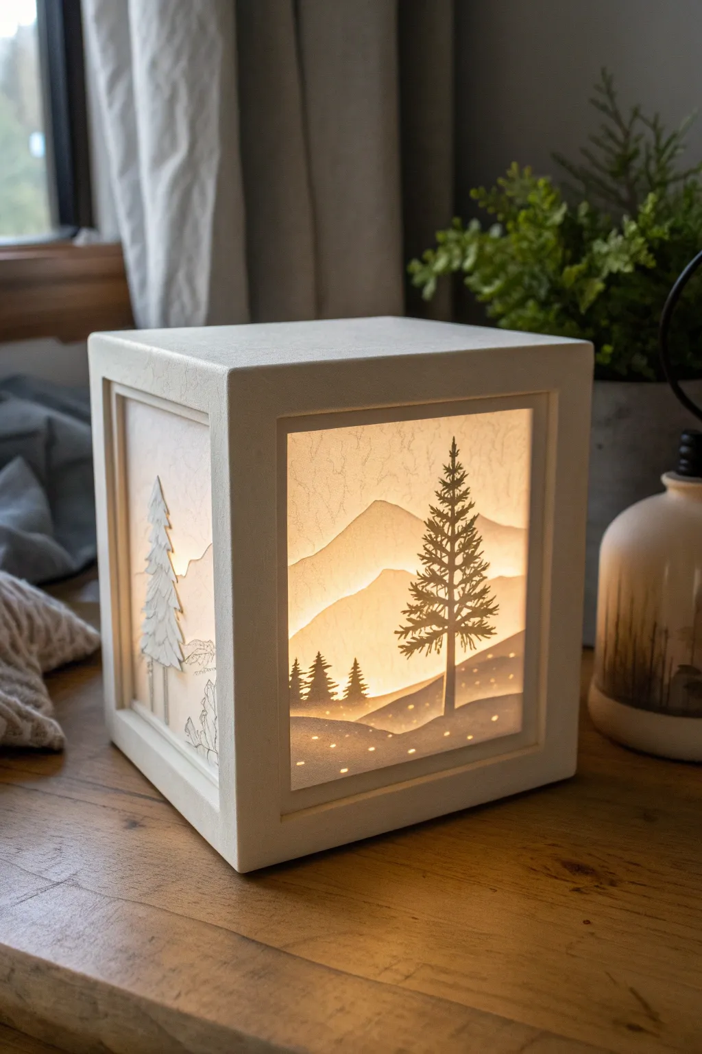 Layered lithophane shadow box with warm glow and dramatic depth, minimalist and softly boho
