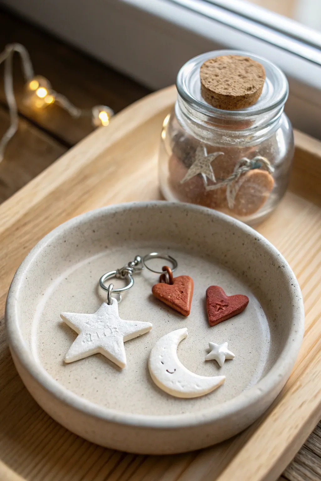Micro air dry clay charms stars moons hearts, styled by a tiny glass jar for a sweet keepsake set.