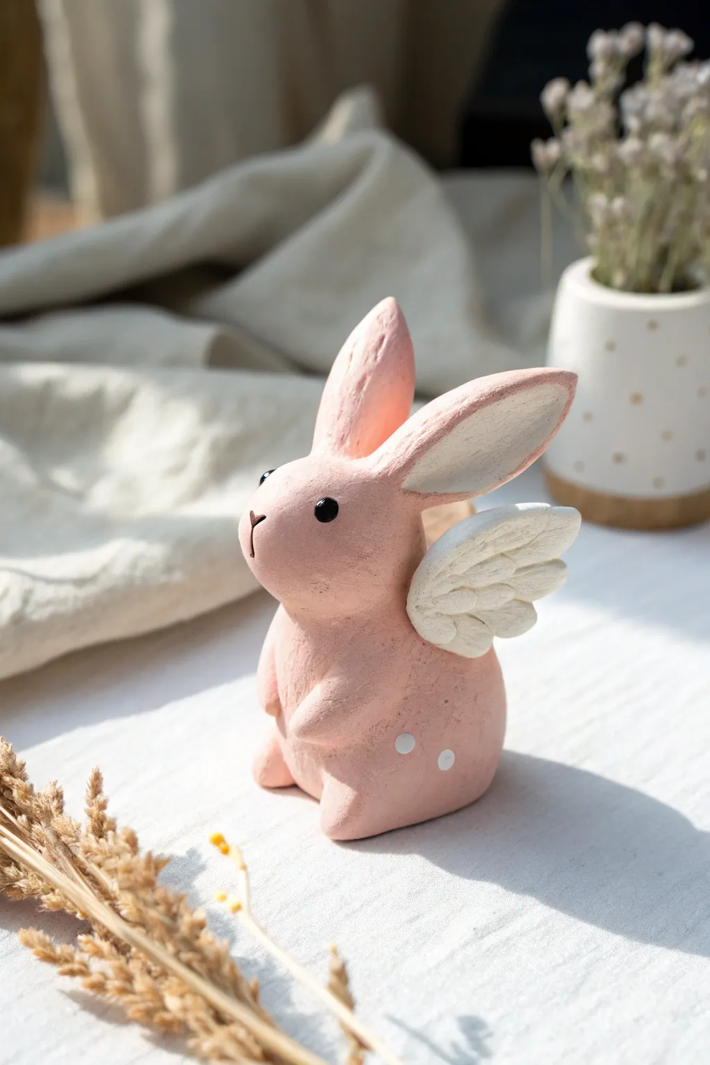 Pastel winged bunny mashup, a simple tiny clay creature with dreamy minimalist Scandinavian vibes