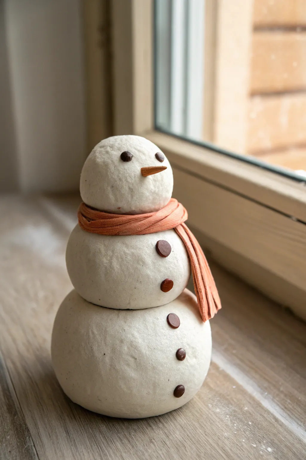 Mini clay snowman with a cozy scarf, simple dots and clean lines for winter charm.