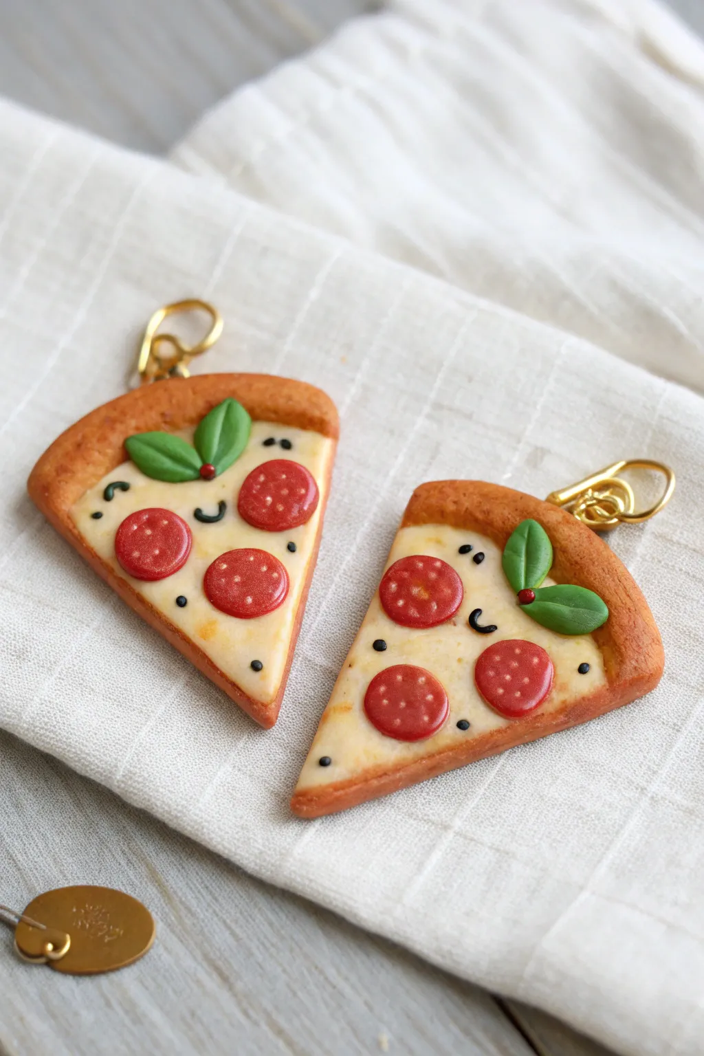 Two matching clay pizza slices that click together into a sweet heart charm duo