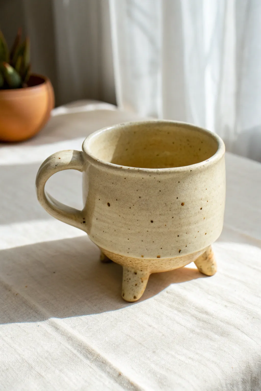 Quirky tri-foot clay mug with soft glaze breaks for a simple, playful middle school project