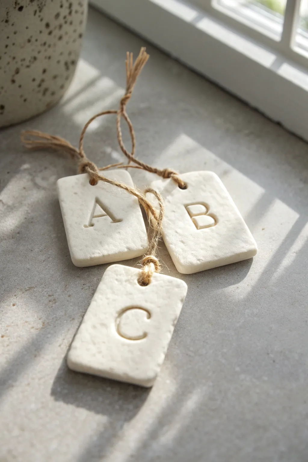 Minimal air-dry clay alphabet tags tied with linen twine, perfect for sweet handmade gifts.