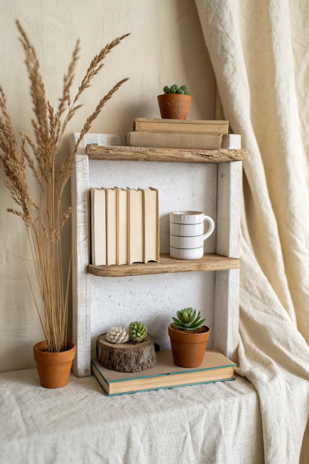 Tiny clay shelf scene with mini books, plant, and mug for a cozy little world moment