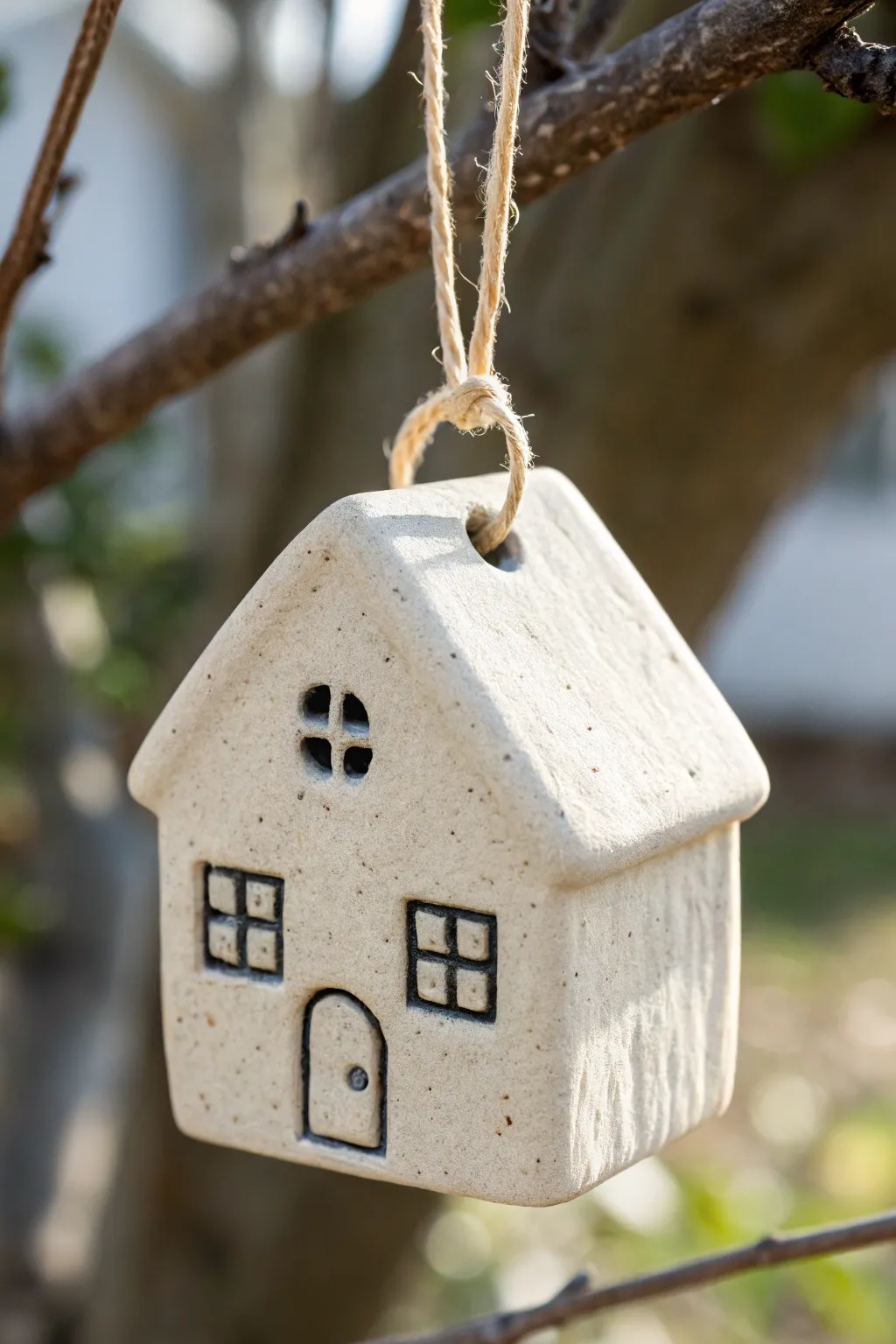 Minimal hanging mini clay house ornament with crisp windows and a bold door in soft boho light