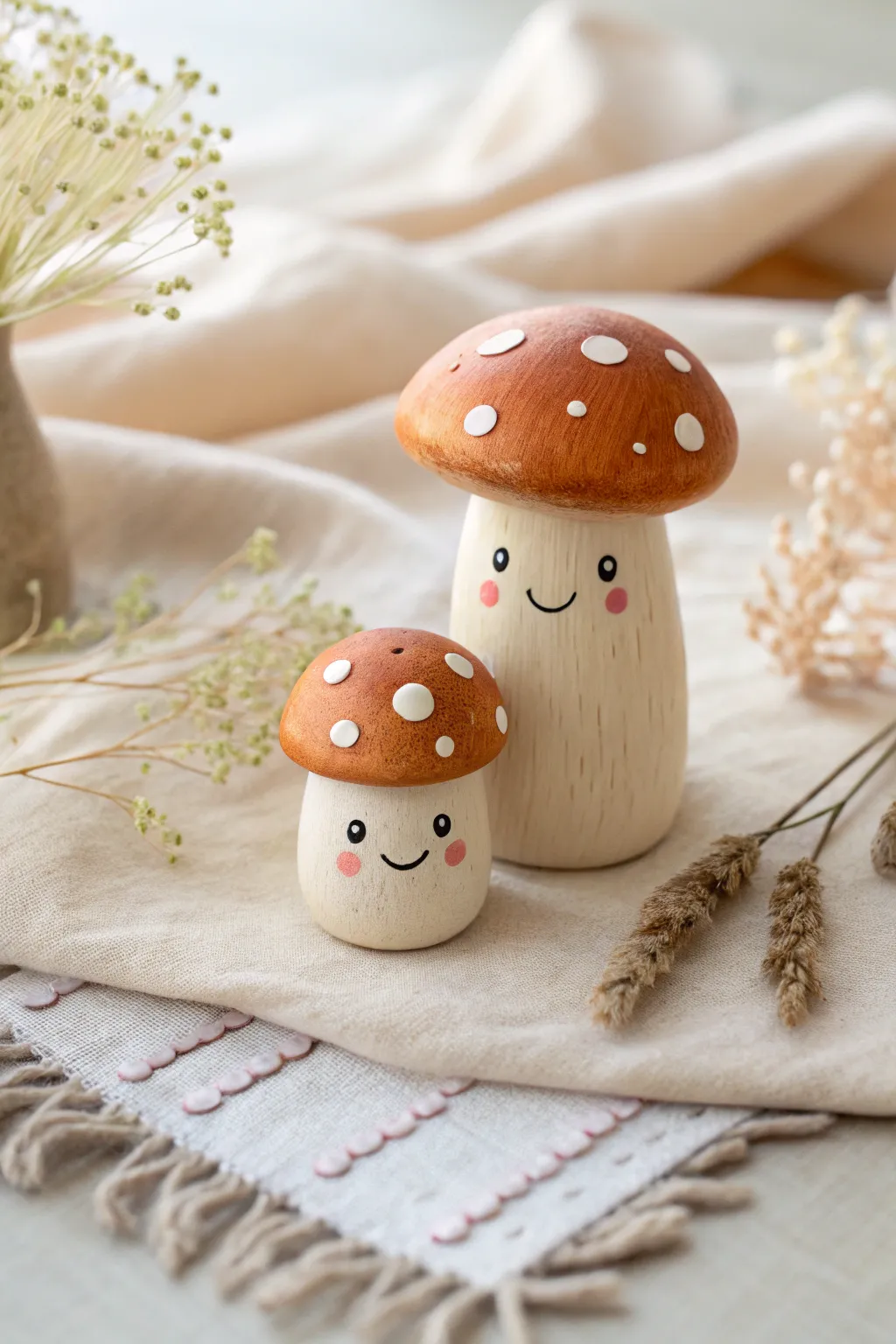 Two mini clay mushroom pals with sweet faces and simple white spots, perfect for beginners