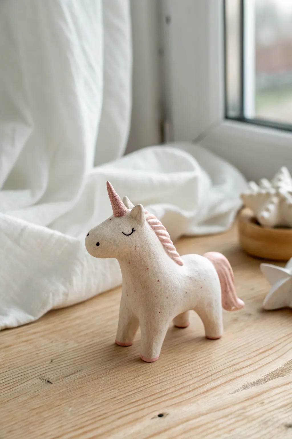 Minimal mini unicorn clay figure with smooth shapes in soft neutrals, perfect for cute mythical minis.