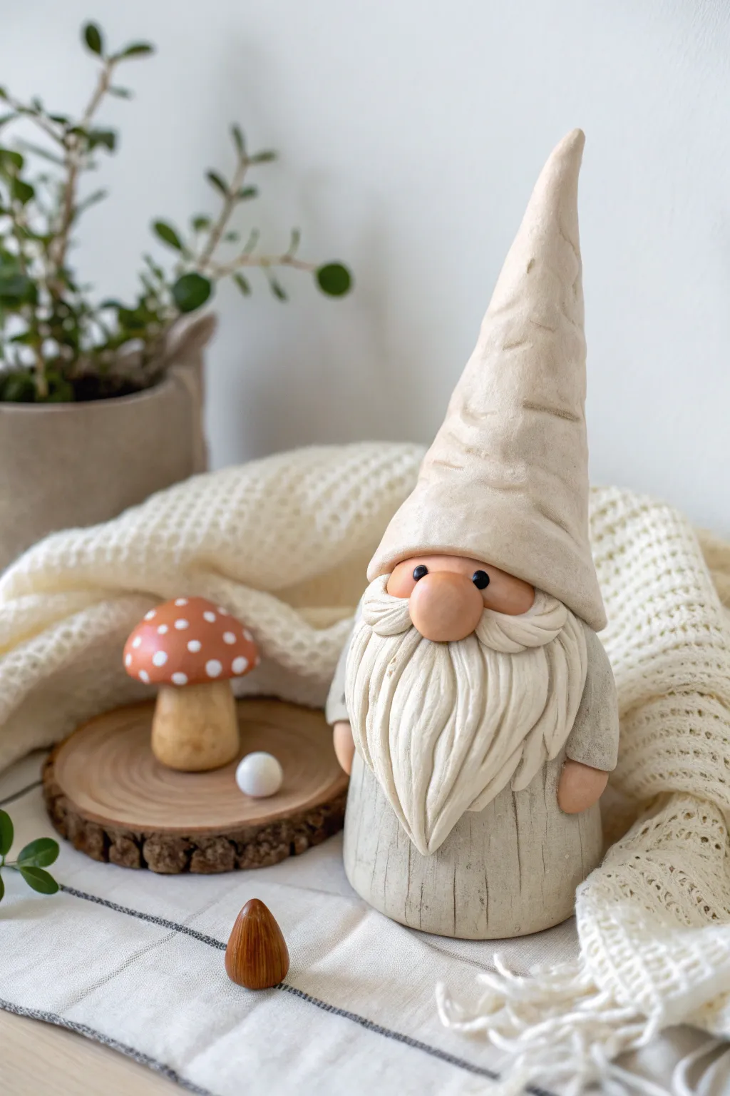 Easy mini clay gnome with oversized hat and tiny mushroom, perfect cozy Scandinavian decor