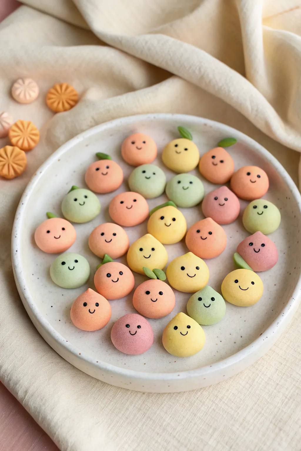 Twenty-plus tiny polymer clay fruit in a neat grid, proving batch-making is pure joy