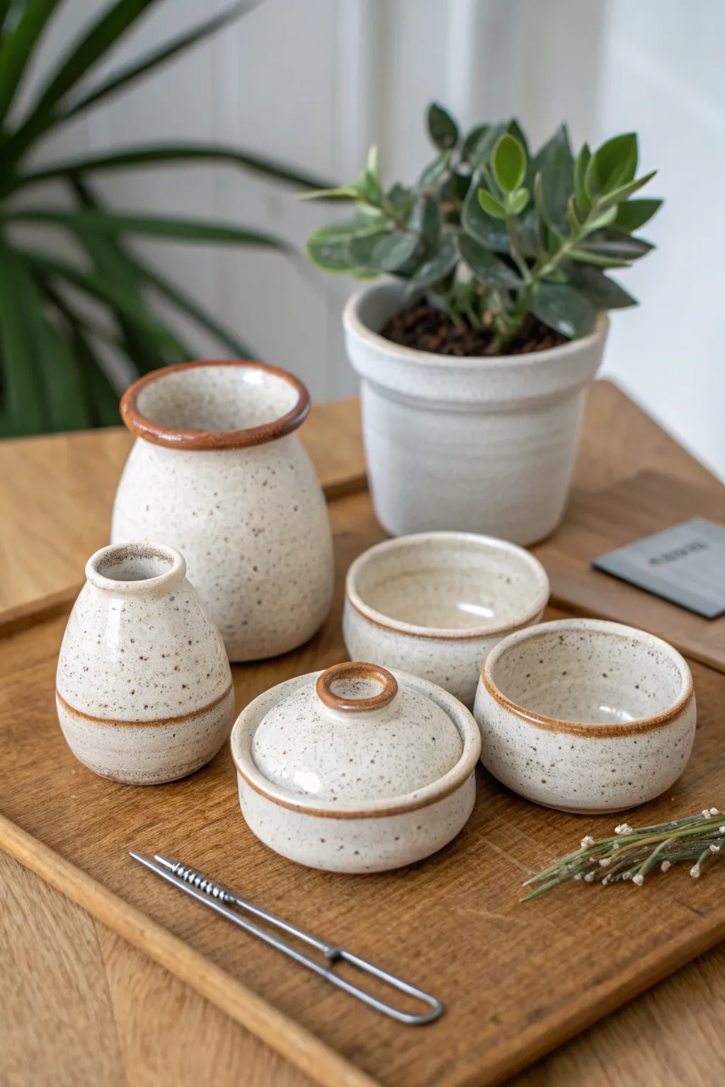 Tiny matching pottery family set with a paperclip for scale, simple glaze and cozy minimal styling