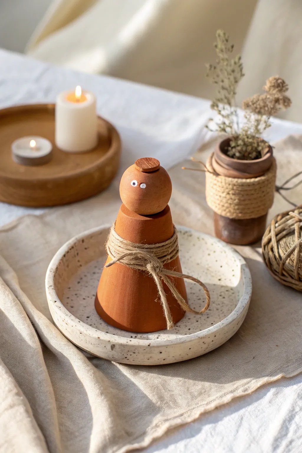 Mini terracotta pot nativity figurine with warm glow and minimalist Scandinavian boho charm