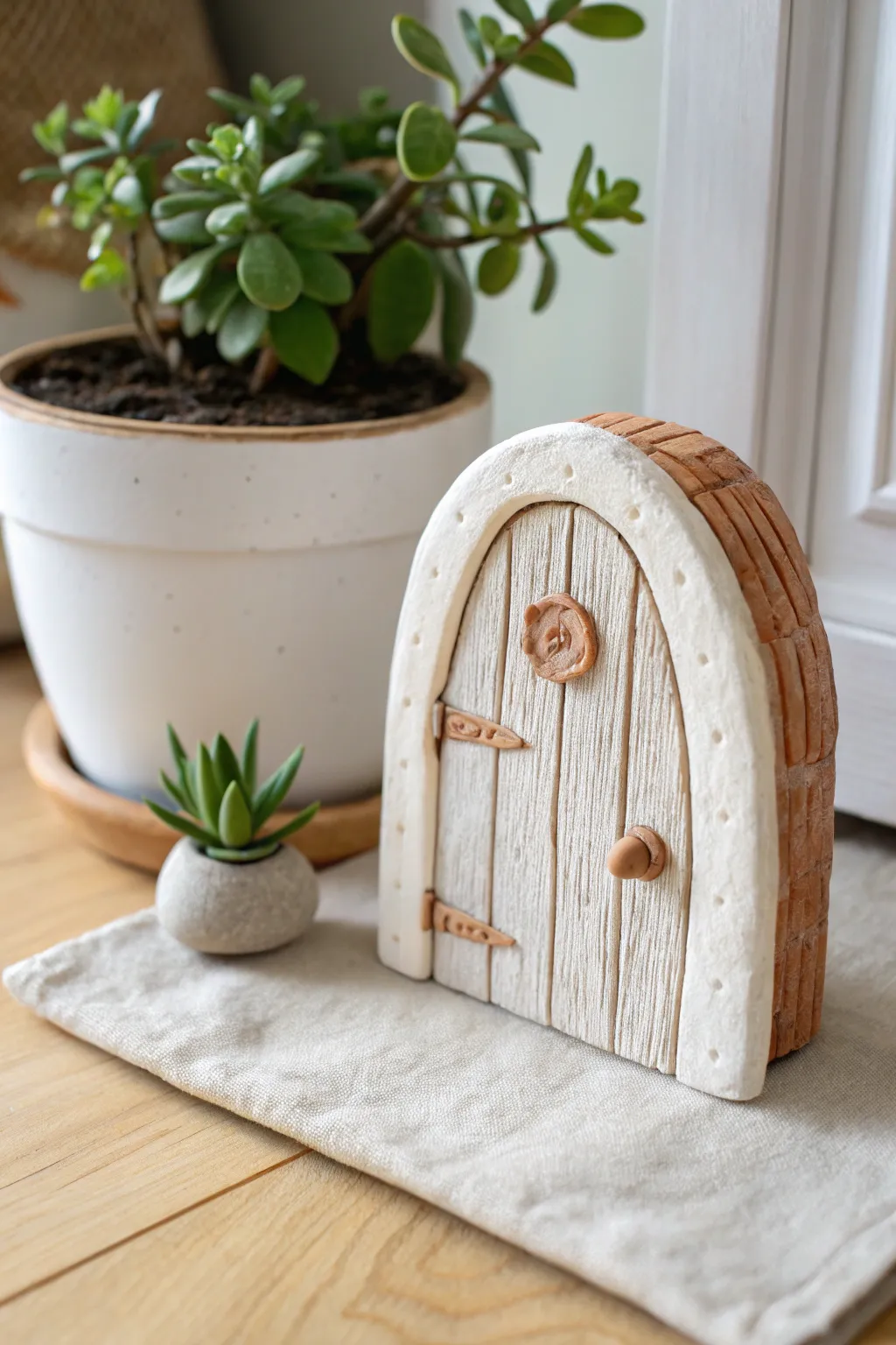 Mini air dry clay fairy door for plant pots, simple carved wood lines and tiny knob.