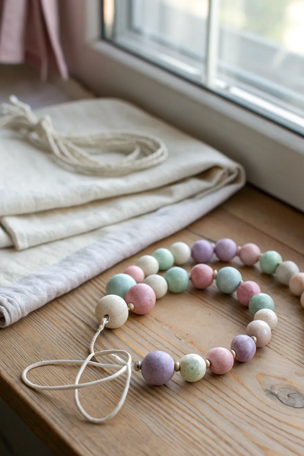 Marbled pastel clay beads with puffy pearls, a simple DIY jewelry detail for beginners.
