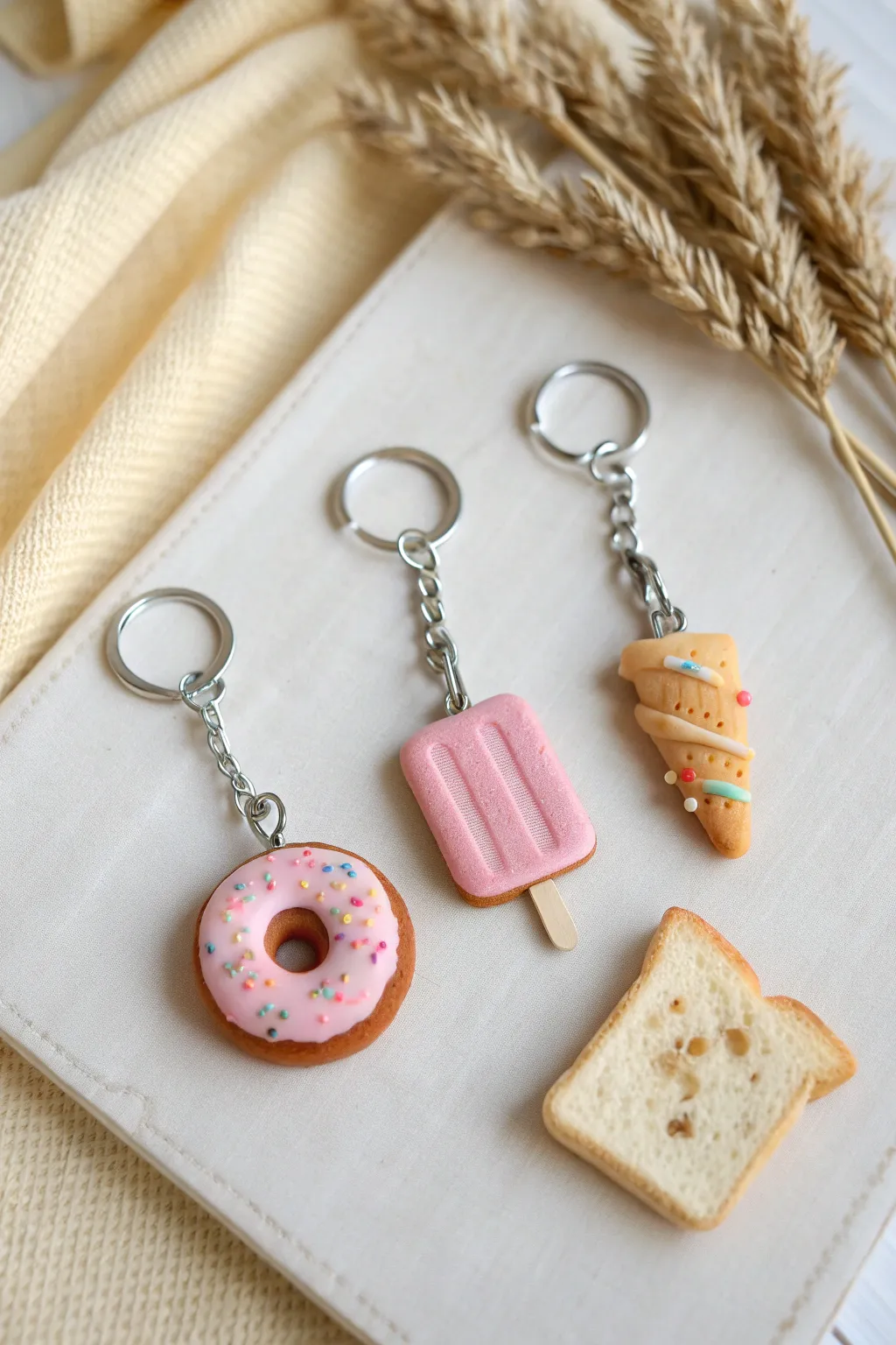 Cute tiny clay food keychain toppers arranged in a clean grid, easy beginner modeling clay ideas.