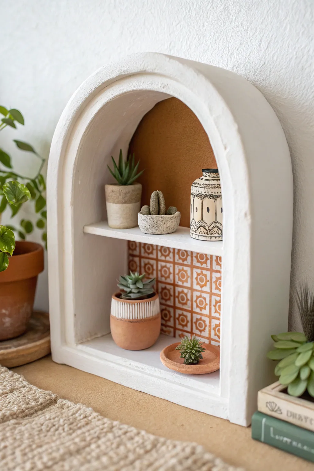 Arched niche mini room diorama in clay, cozy plants and decor for minimalist boho charm.