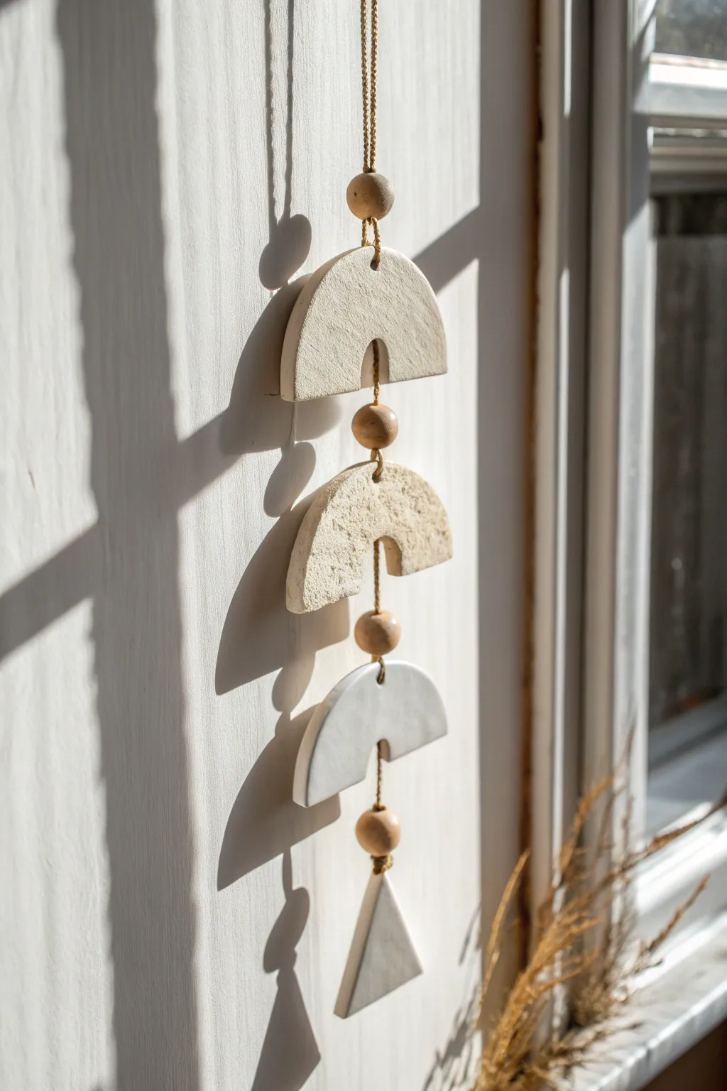 Minimal clay suncatcher with simple cutouts, glowing in the window and casting soft shadows