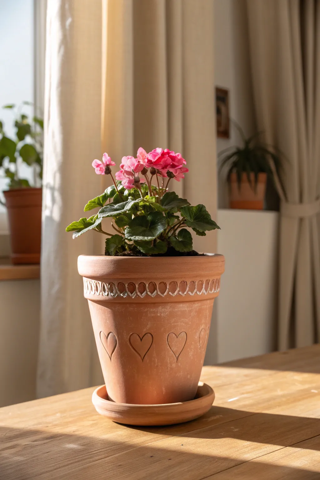 Handmade Mothers Day pot with a carved band and fresh blooms, minimal Nordic charm