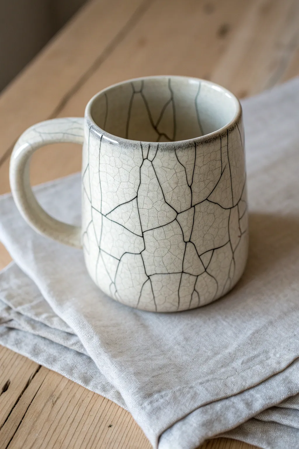 Glossy crackle-glazed mug with darkened lines that make every delicate crack stand out