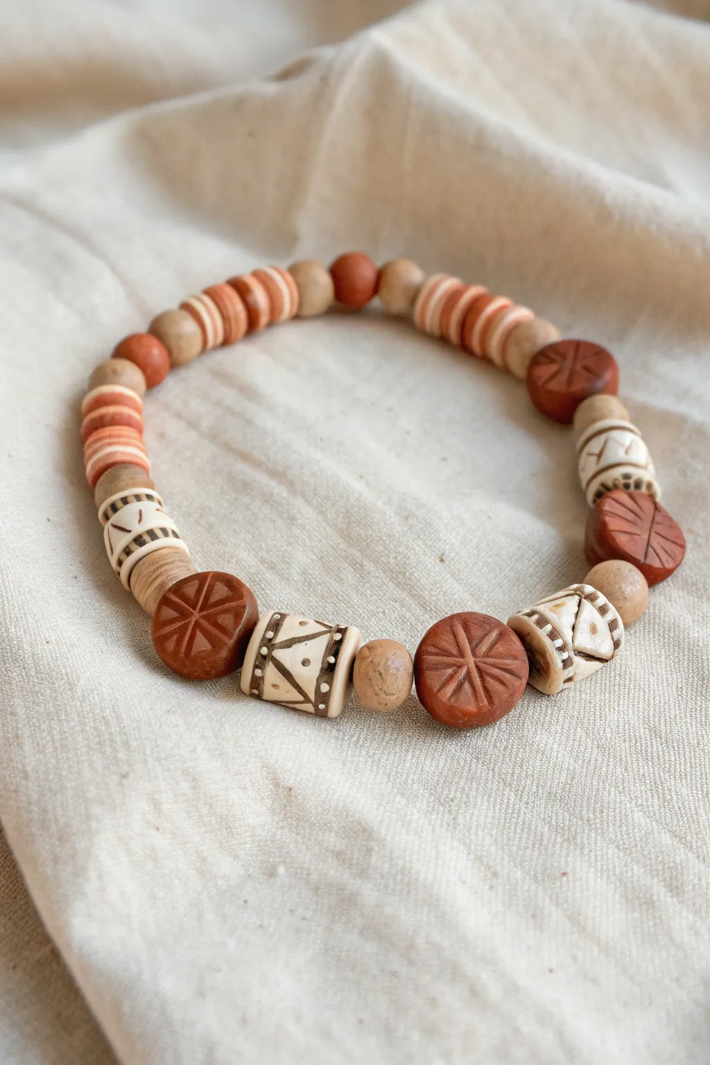 Minimal heishi bracelet with stamped clay discs, Scandinavian boho styling on textured linen.