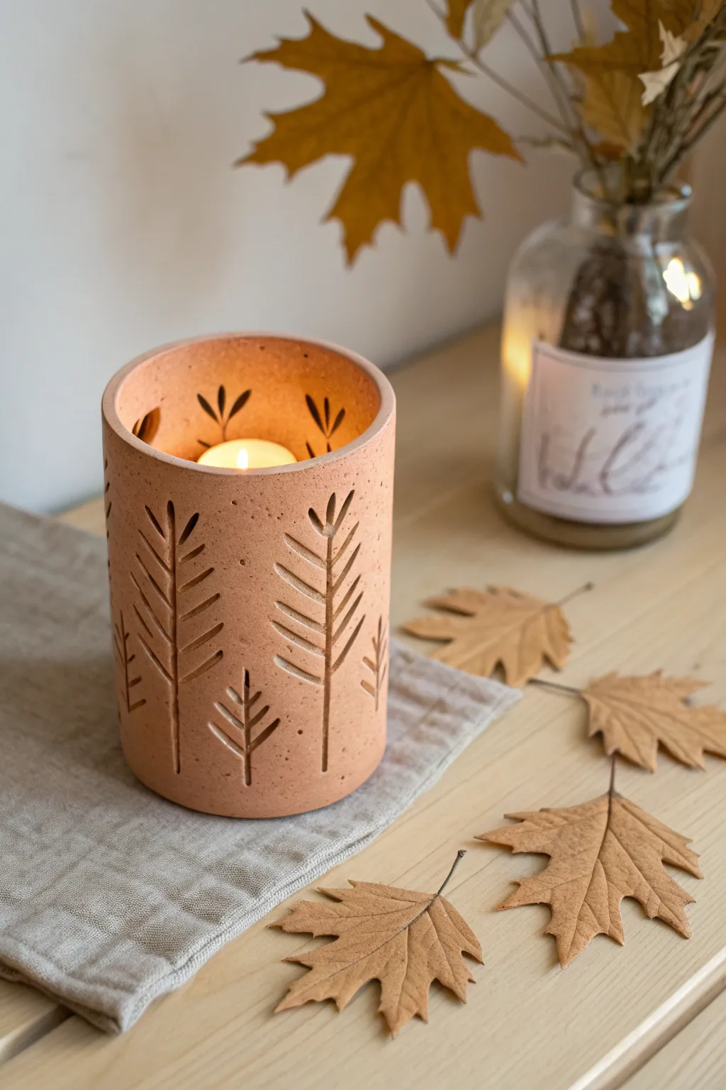 A cozy clay lantern with leaf cutouts and twig texture, casting warm nature shadows at night