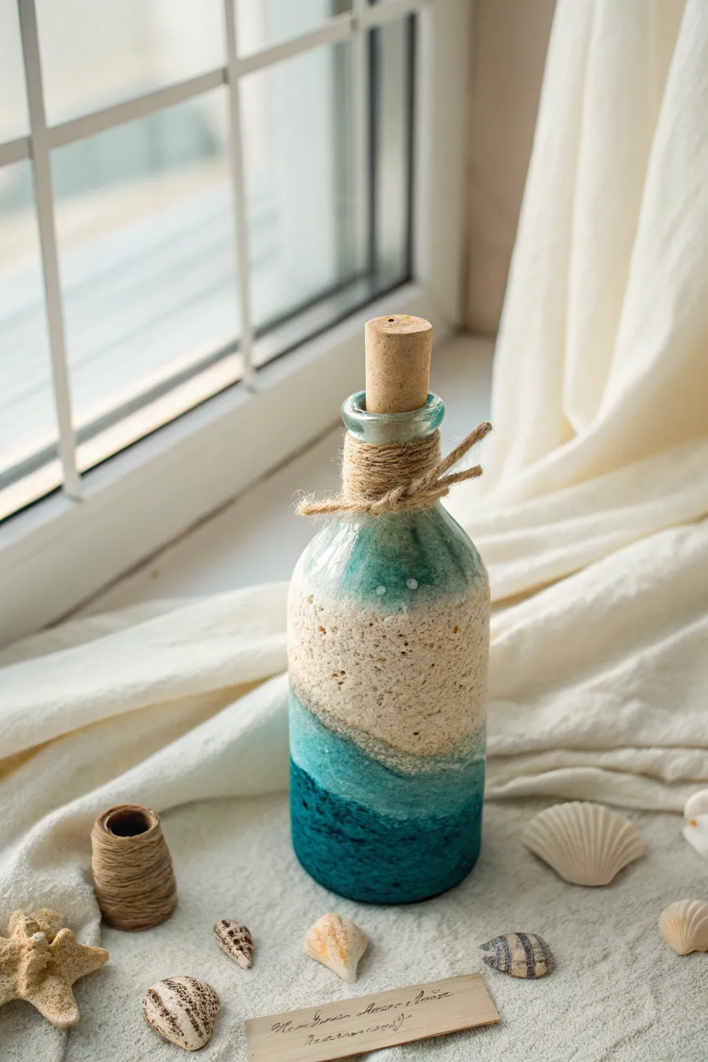 Ocean gradient mini clay bottle with sandy base and a tiny rolled note, calm coastal boho vibes.