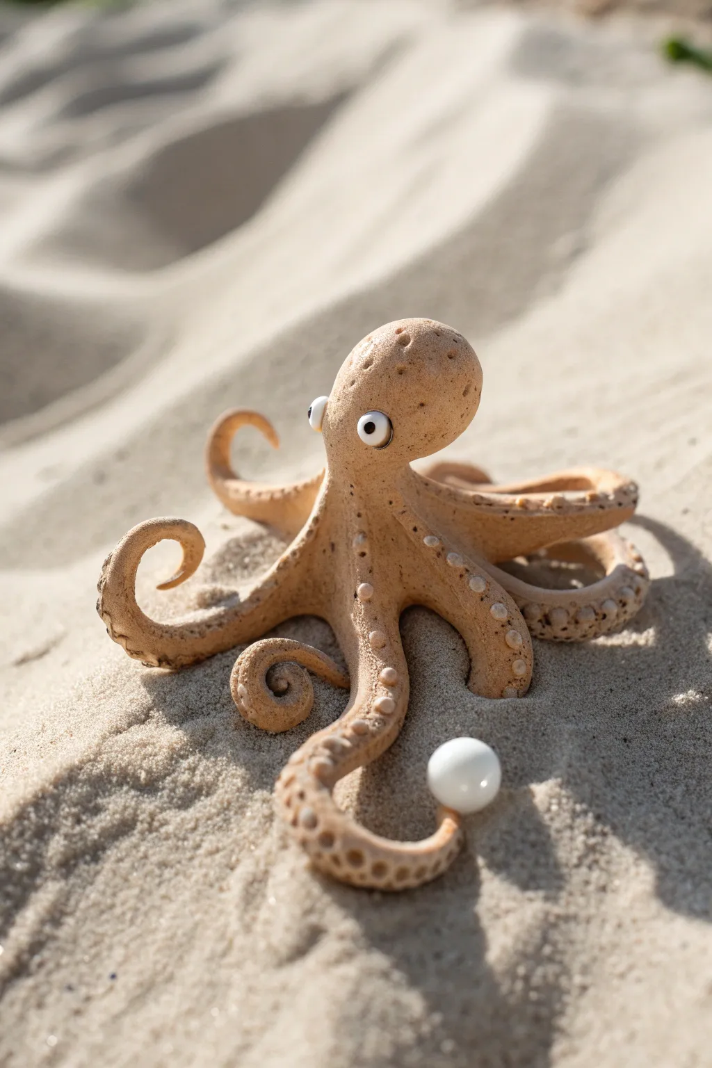 Minimalist clay octopus cradling a glossy pearl bead, calm Nordic boho shelf decor.