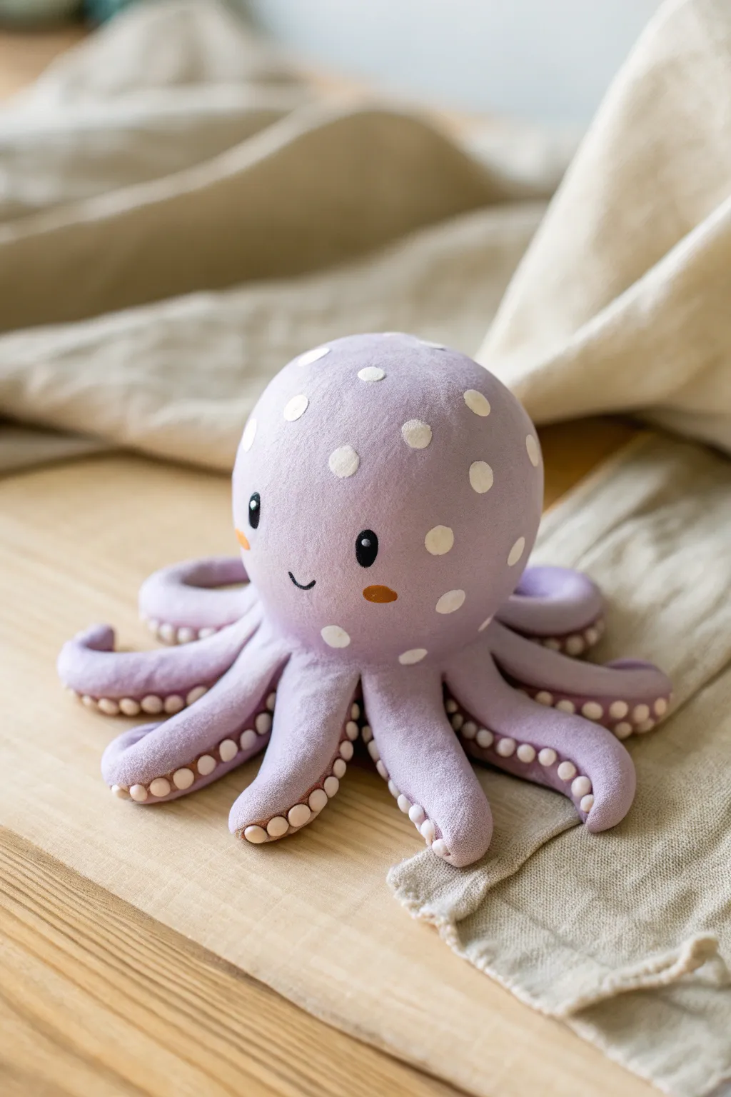 Sweet pastel polka-dot clay octopus with minimalist face, perfect for simple cute DIY decor.