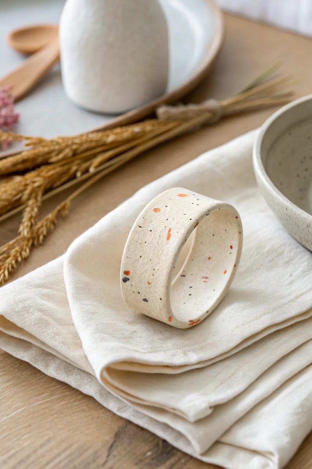 Beginner-friendly oven-bake terrazzo napkin ring for a calm, minimalist Scandinavian table.