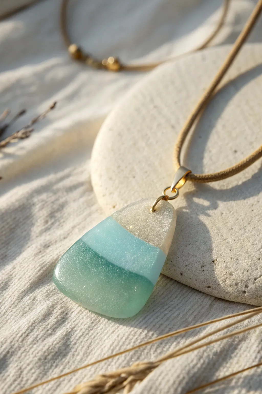 Translucent sea-glass clay pendant in soft ocean hues on sand-toned minimal background