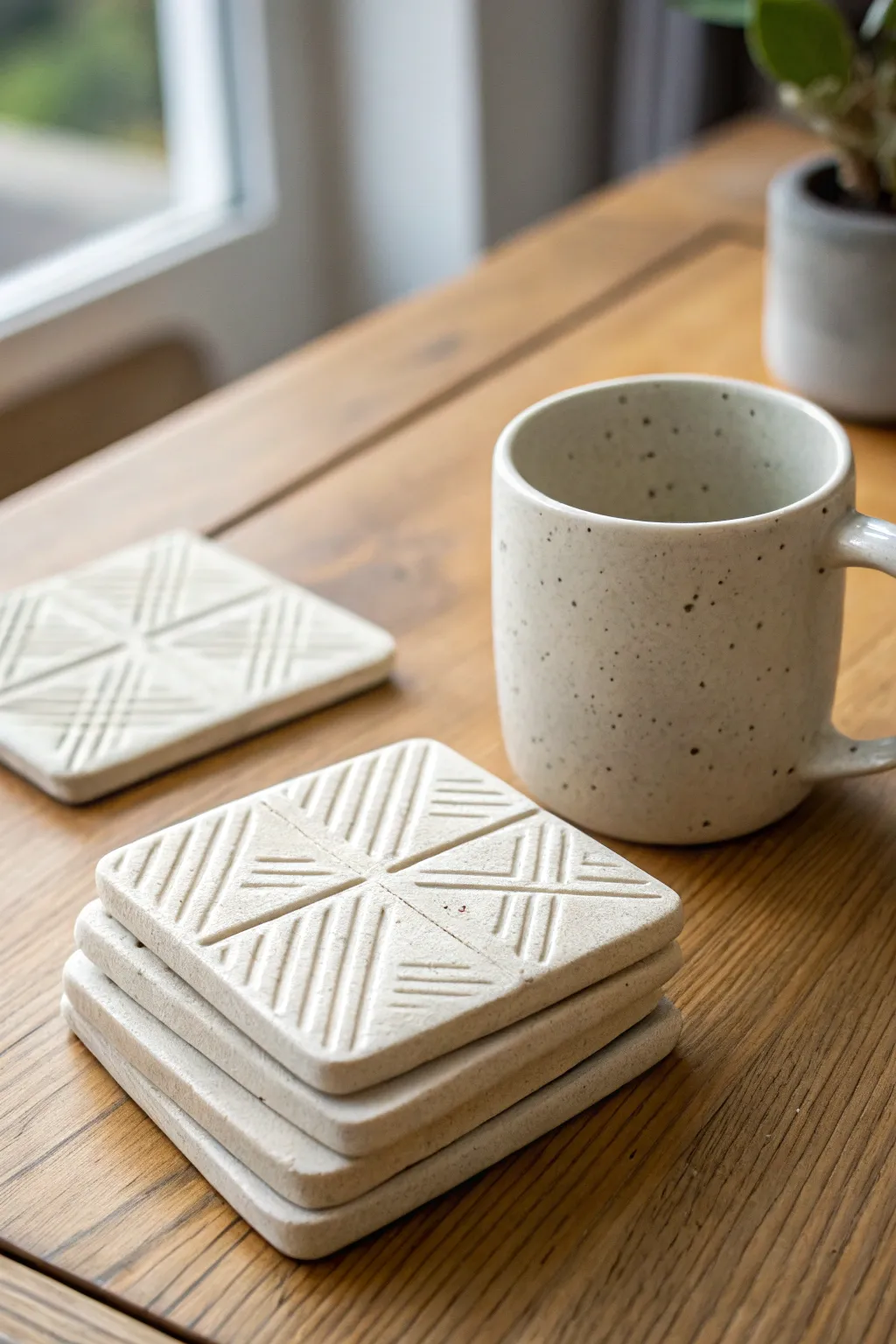 Minimal geometric paper clay coasters in soft neutrals, stacked and styled for a calm boho table