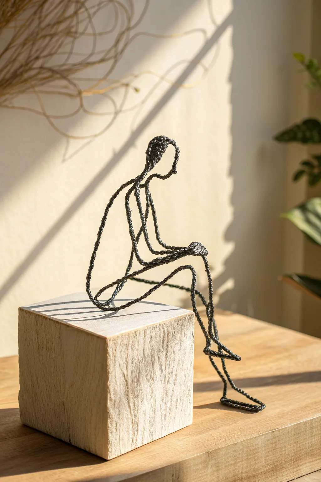 Airy wire line figure with paper clay accents, minimalist sculpture for modern handmade decor.
