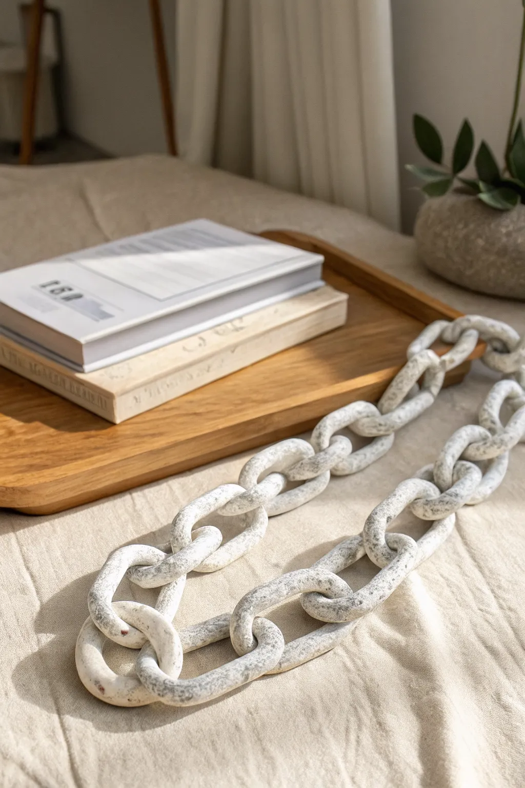 Chunky faux marble paper mache chain links, minimalist boho decor that looks surprisingly heavy.