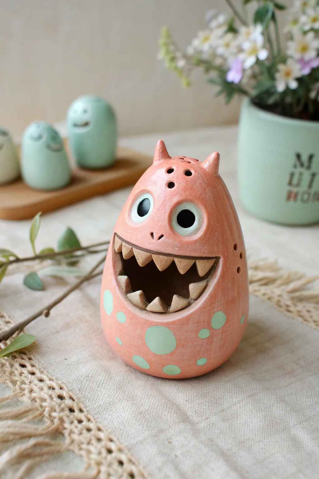 Goofy pinch clay monster whistle with big teeth and a hidden sound window in a bright, minimal style.
