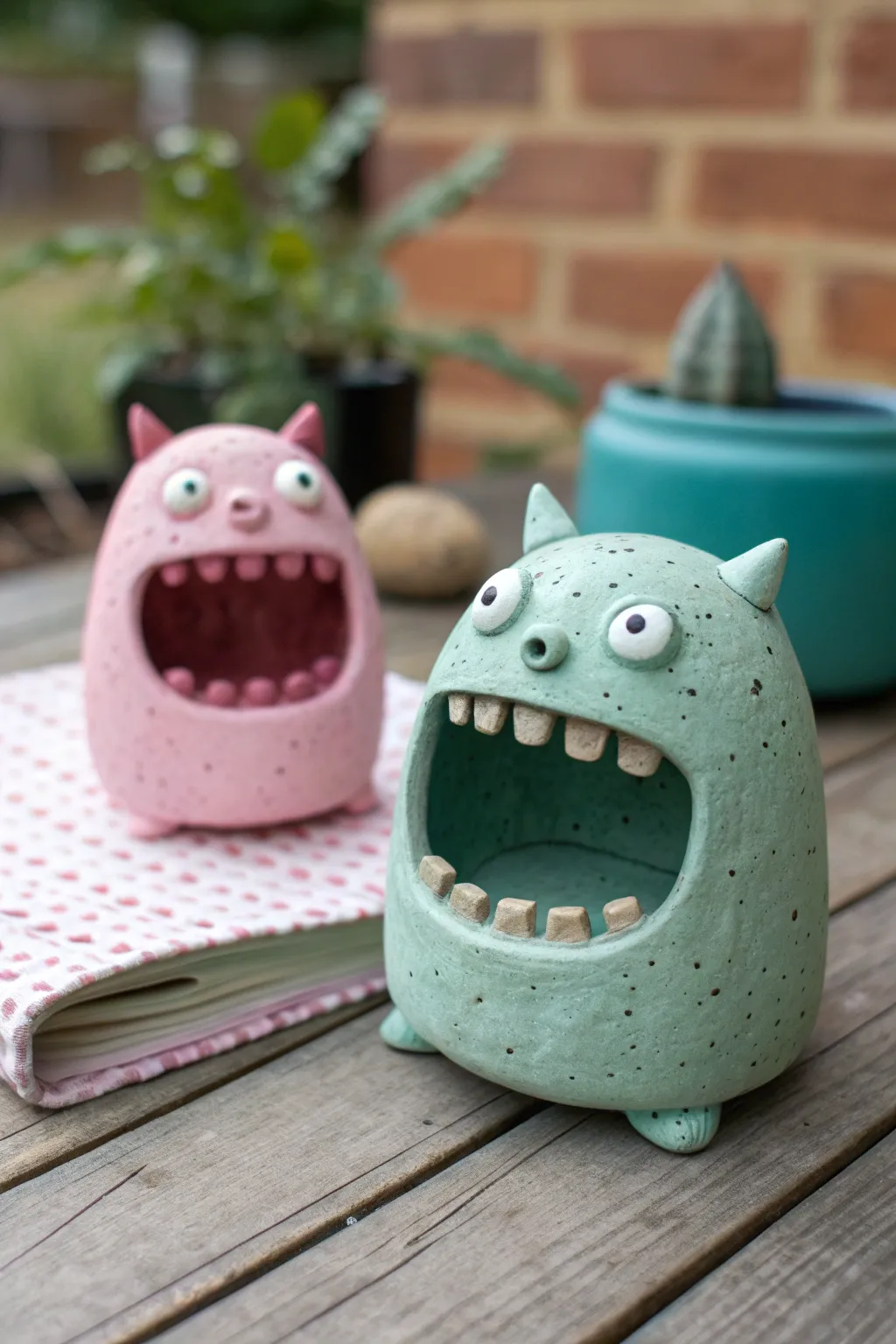 Double-headed pinch pot monster with two quirky mouths and contrasting glazes, simple and bold.