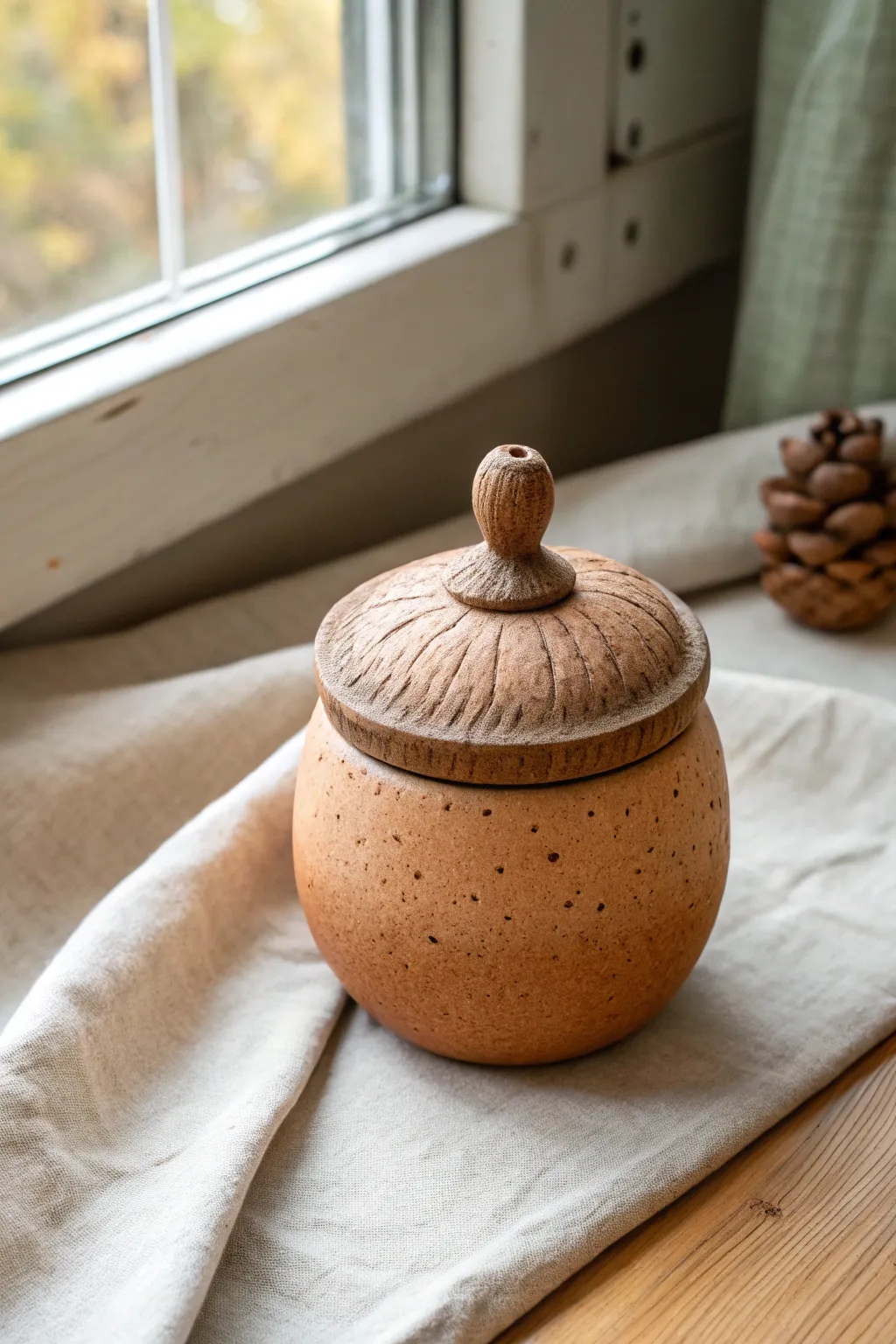 Acorn pinch pot jar with a textured cap lid, warm terracotta tones, simple and cozy woodland style