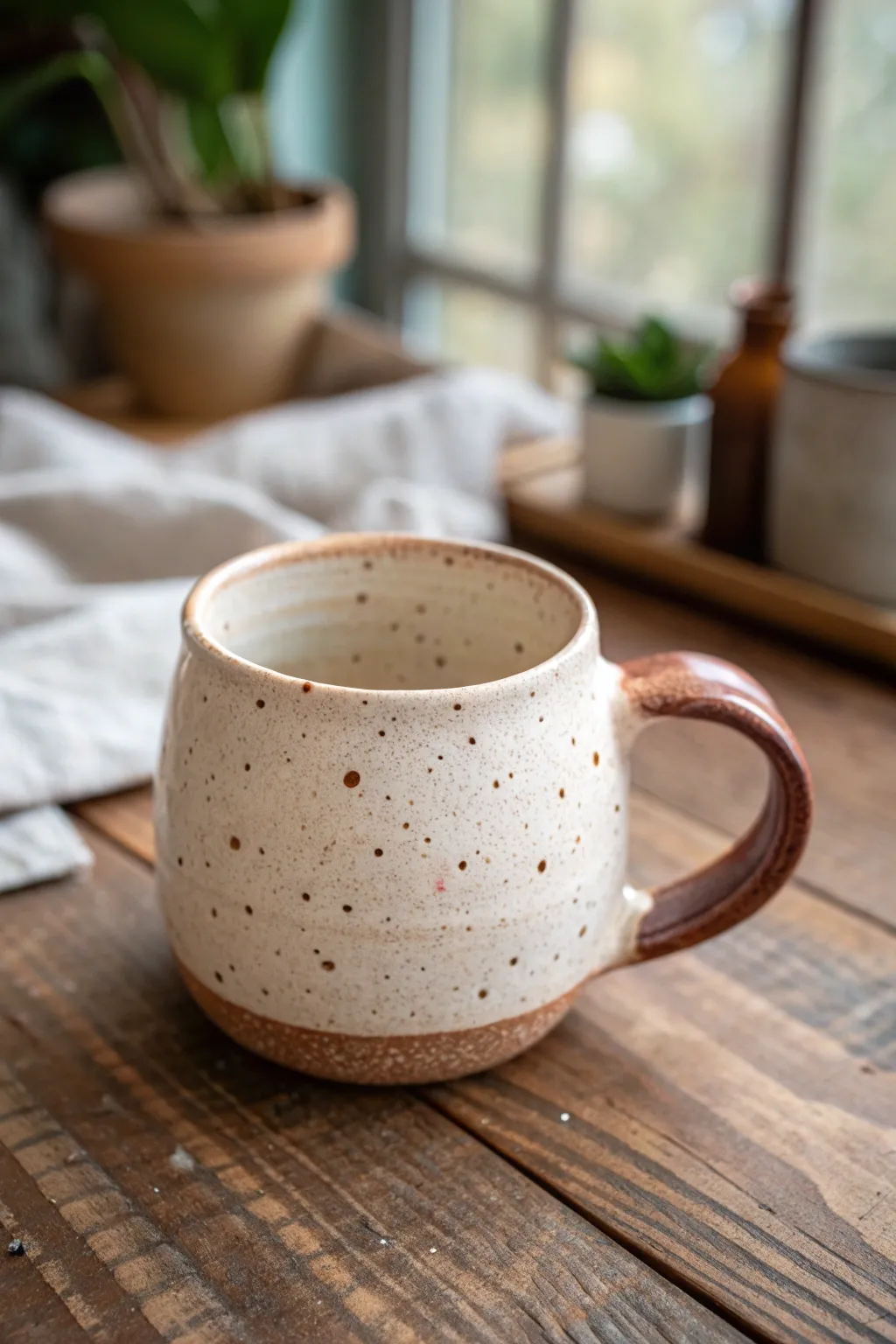 Playful slip-trailed confetti pinch pot mug in soft neutrals, texture-forward and cozy.