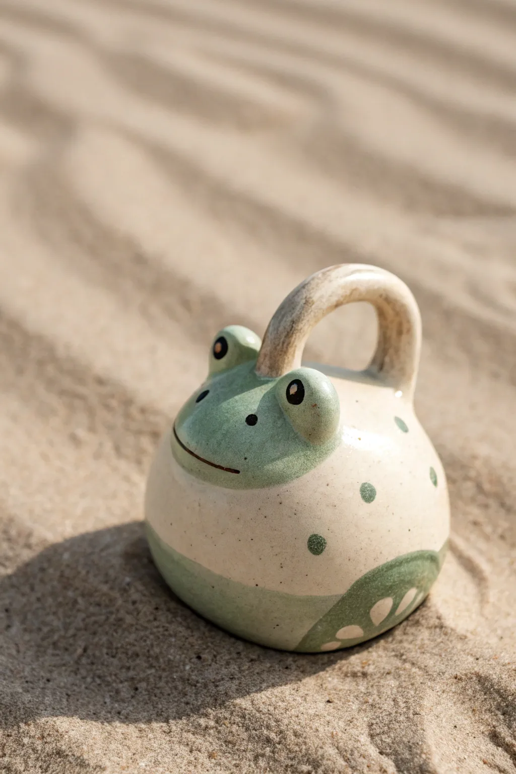 Two-tone pinch pot frog rattle with sweet glaze accents on a clean minimalist base