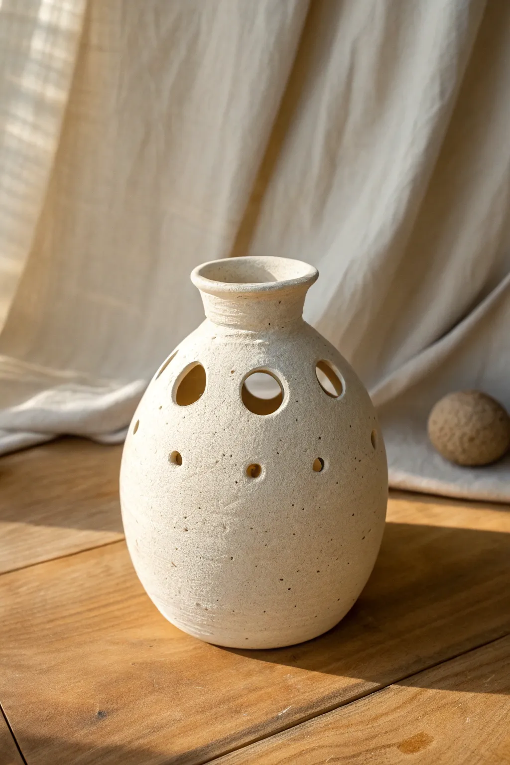 Minimal pinch pot vase with simple cutout windows, soft shadows, and calm Scandinavian warmth