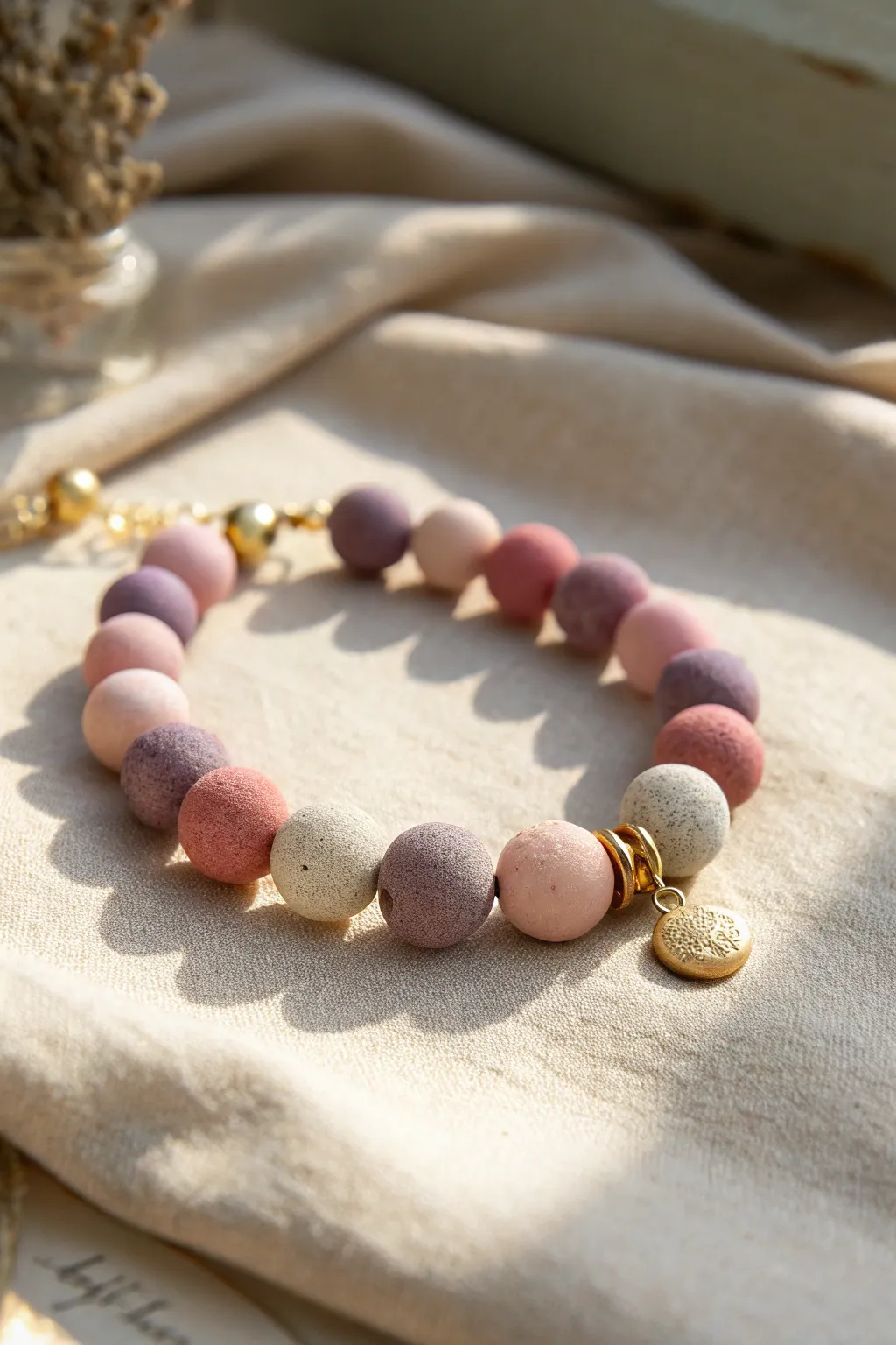 Asymmetrical pink and purple clay bead bracelet with an off-center charm, minimalist boho vibe.