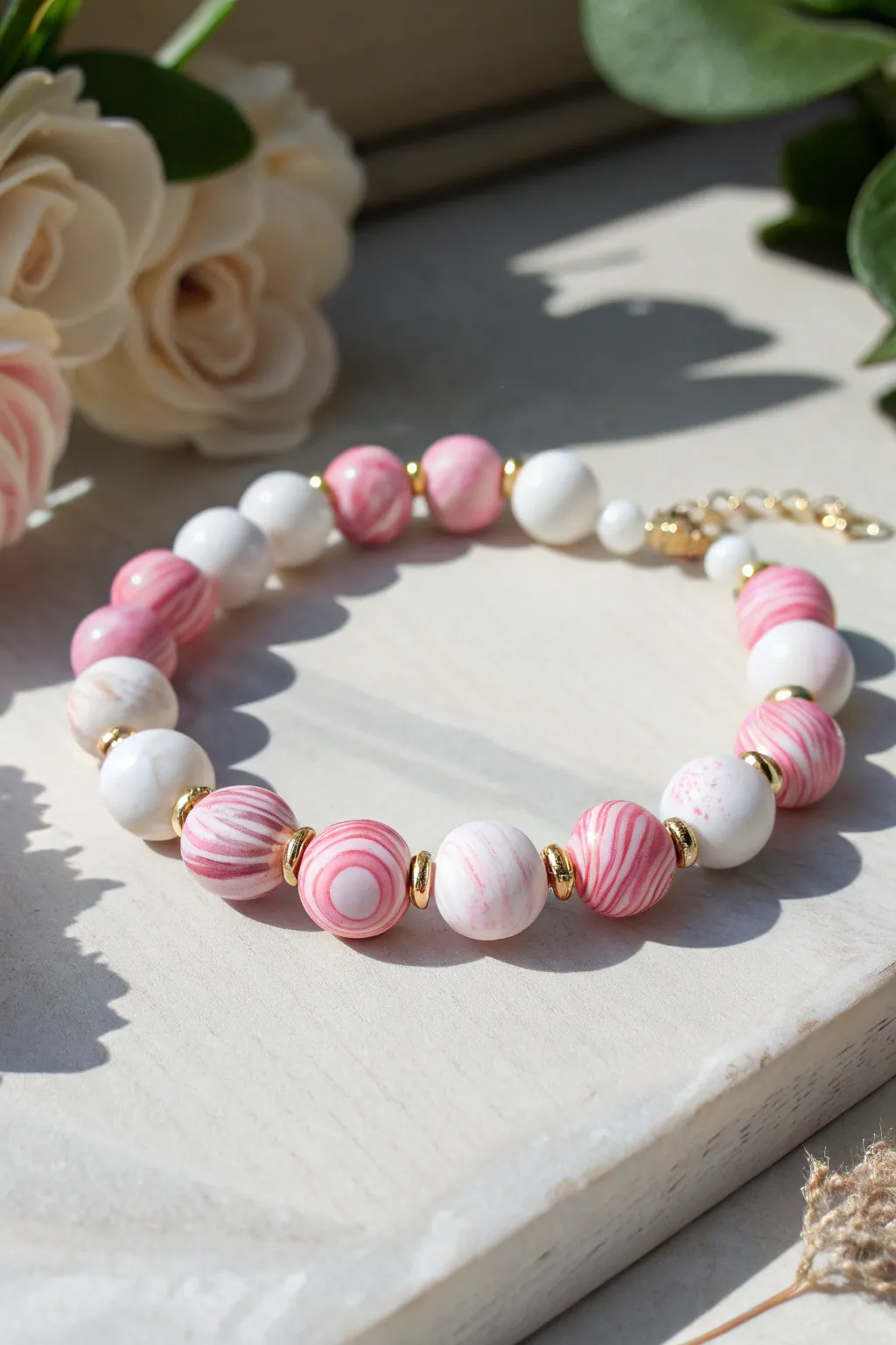 Pink candy swirl clay beads with crisp white end caps for a sweet, minimalist bracelet look.