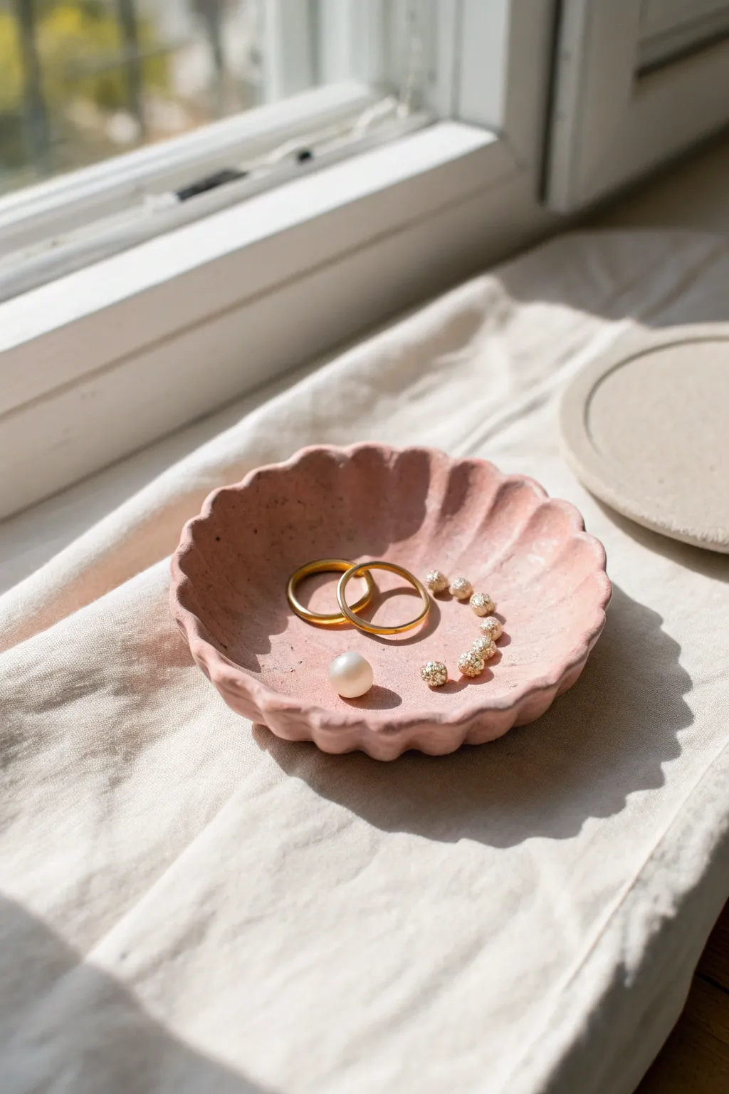 Soft pink scalloped trinket dish for rings and tiny treasures, minimal and beautifully handmade.