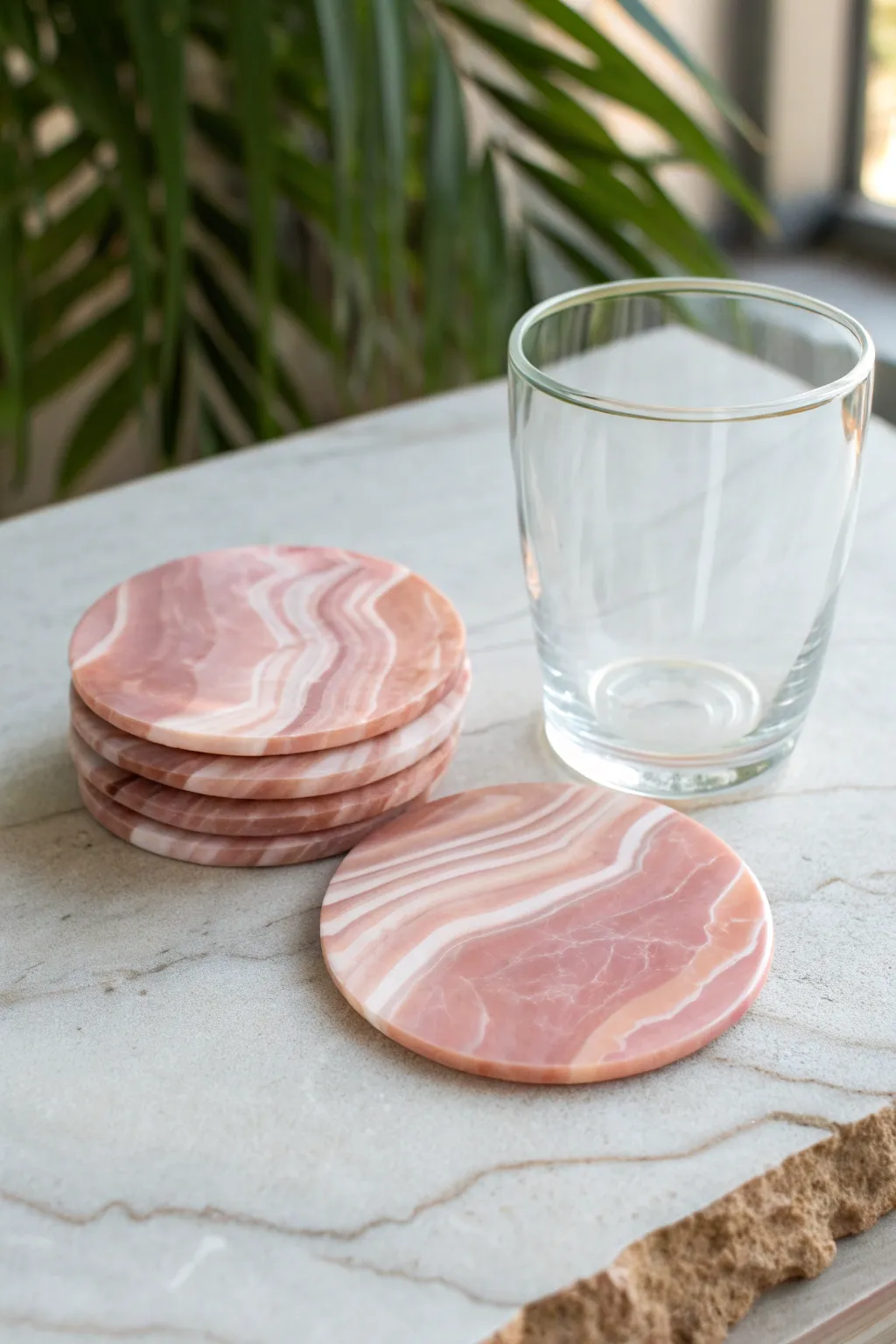 Soft blush faux agate coasters stacked in natural light for a minimalist boho table moment