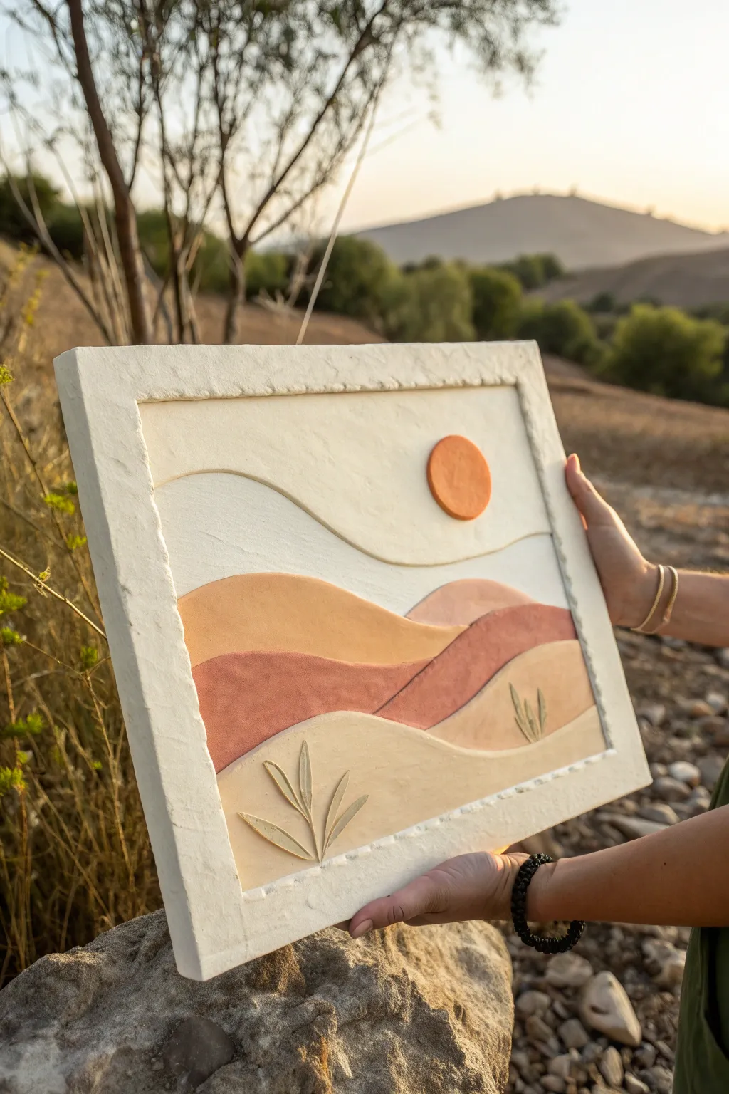 Soft minimalist plasticine relief landscape on paper, showcasing layered texture and warm contrast.