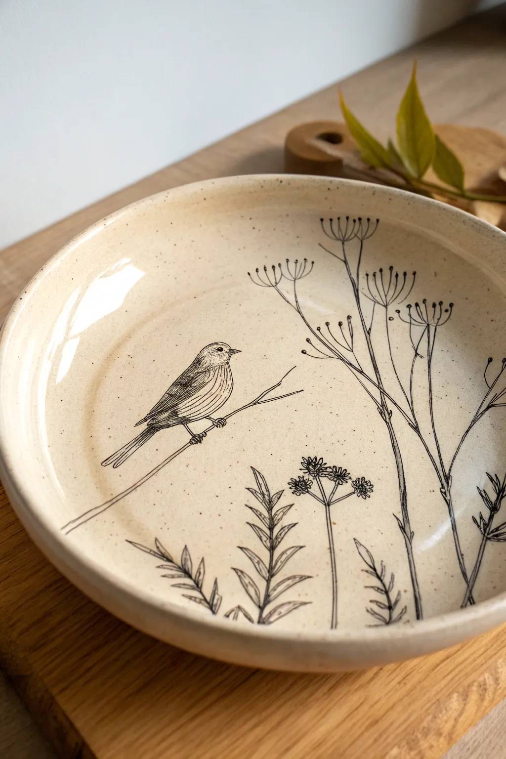 Clear-gloss plate with a soft underglaze pencil sketch, minimalist and charming for easy decoration.