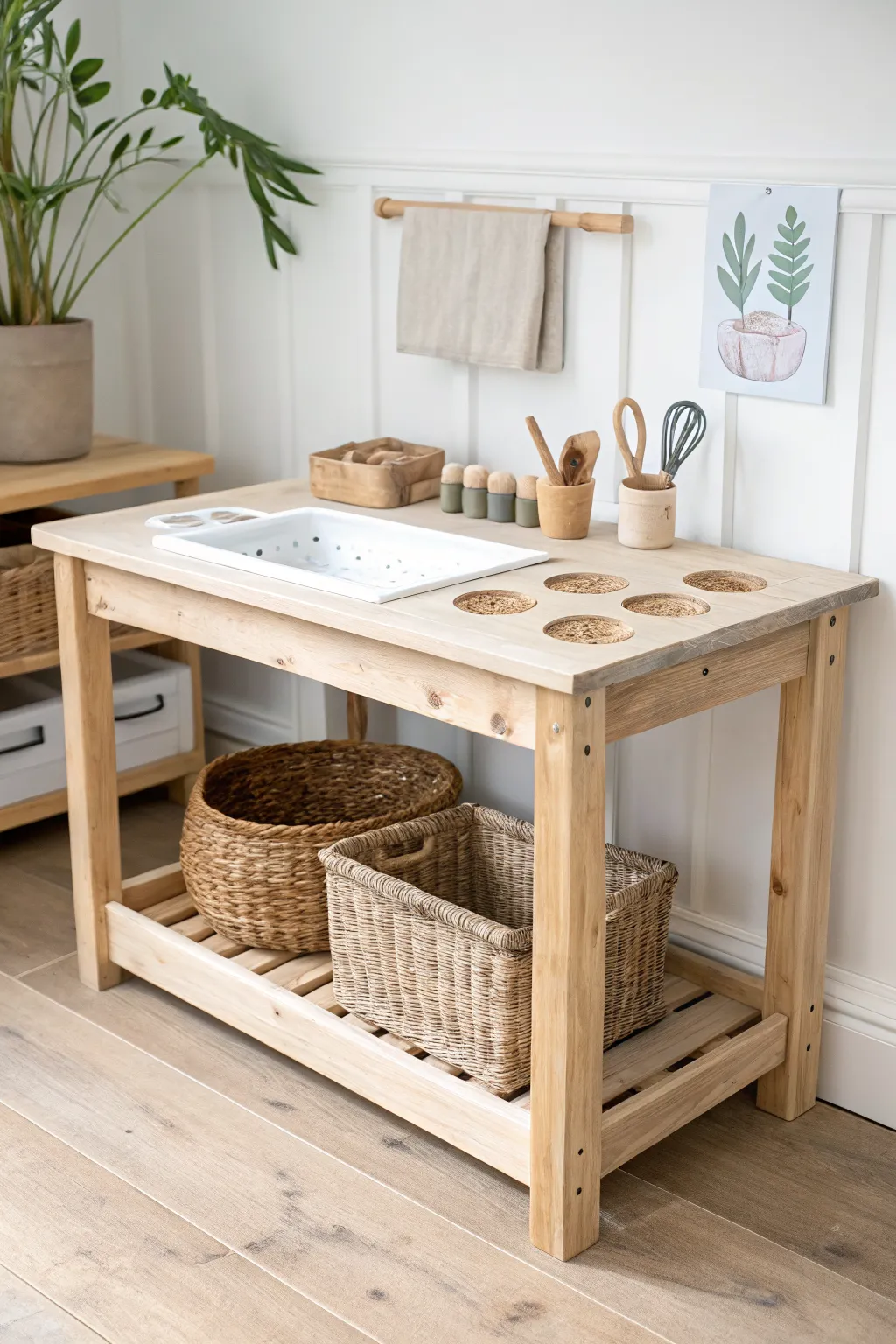 Standing-height pallet workbench with easy-reach baskets for a tidy, independent playdough setup