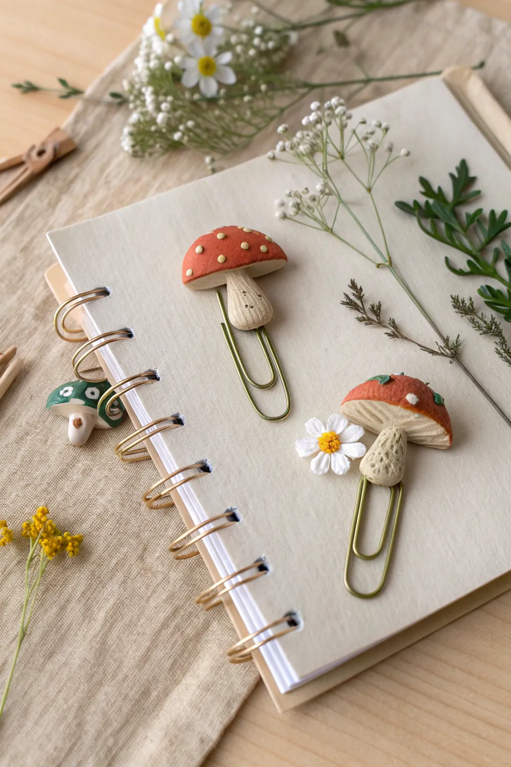 Cute polymer clay mushroom and flower page clips for notebooks, simple, minimal, and handmade